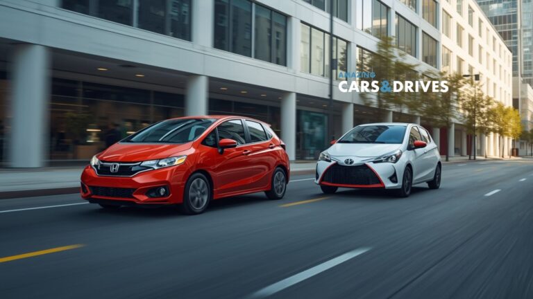 A red Honda Fit LX and a white Fit EX drive side by side on a city street, modern glass buildings glinting in the background—highlighting the distinct style of the LX and EX trims.