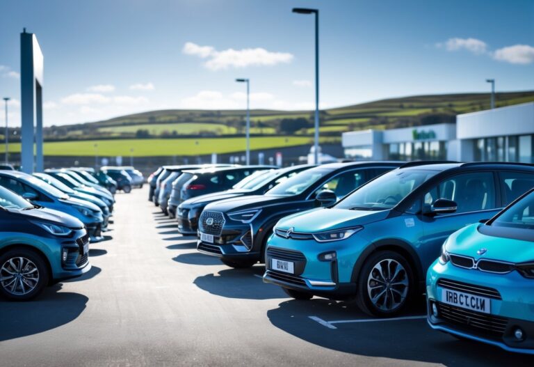 A variety of cars parked in a dealership lot with green hills and blue sky in the background.