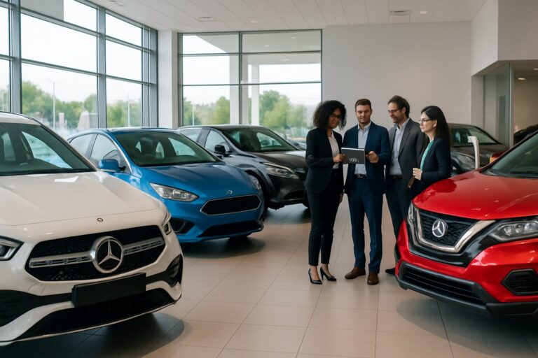 A car showroom with various new cars and professionals discussing market data inside.