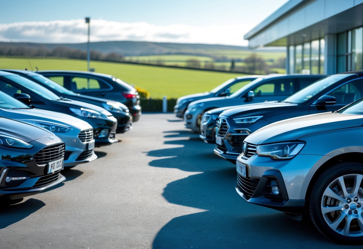 A lineup of different types of cars including a hatchback, sedan, SUV, convertible, and electric vehicle parked outdoors at a car dealership with green hills in the background.