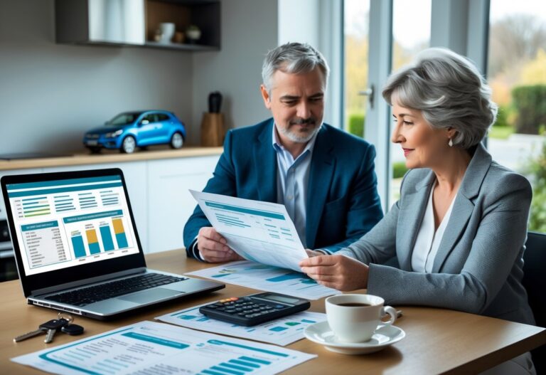 An Irish couple sitting at a kitchen table reviewing car finance repayment documents with a laptop and calculator nearby.