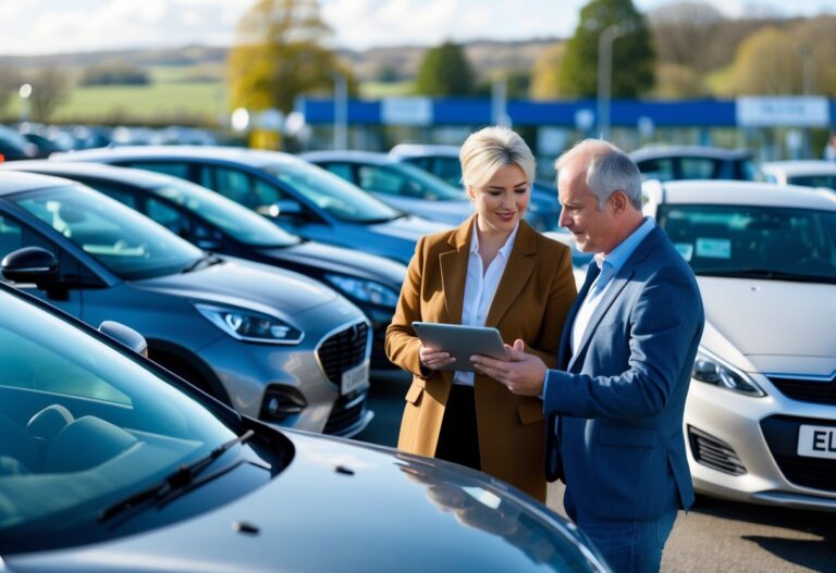 A man and woman looking at cars in a dealership lot with Irish number plates on a clear day.