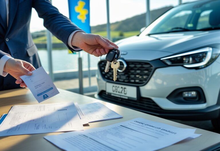 A customer receiving car keys from a salesperson at a car dealership with registration documents on a table and a view referencing Northern Ireland in the background.