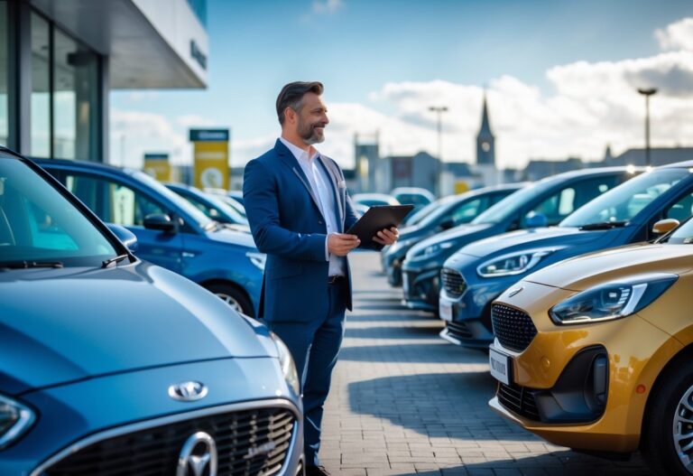 A car buyer talking to a salesman at a car dealership with several cars and city buildings in the background.