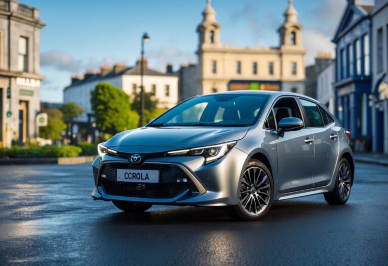 A Toyota Corolla parked in an urban area with Irish architecture and greenery in the background.