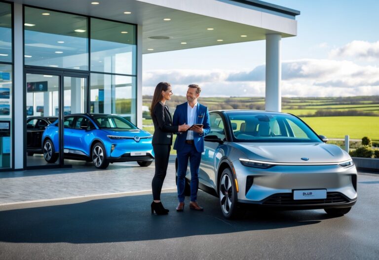 A couple talking to a car sales representative beside a modern electric car outside a dealership in Ireland.
