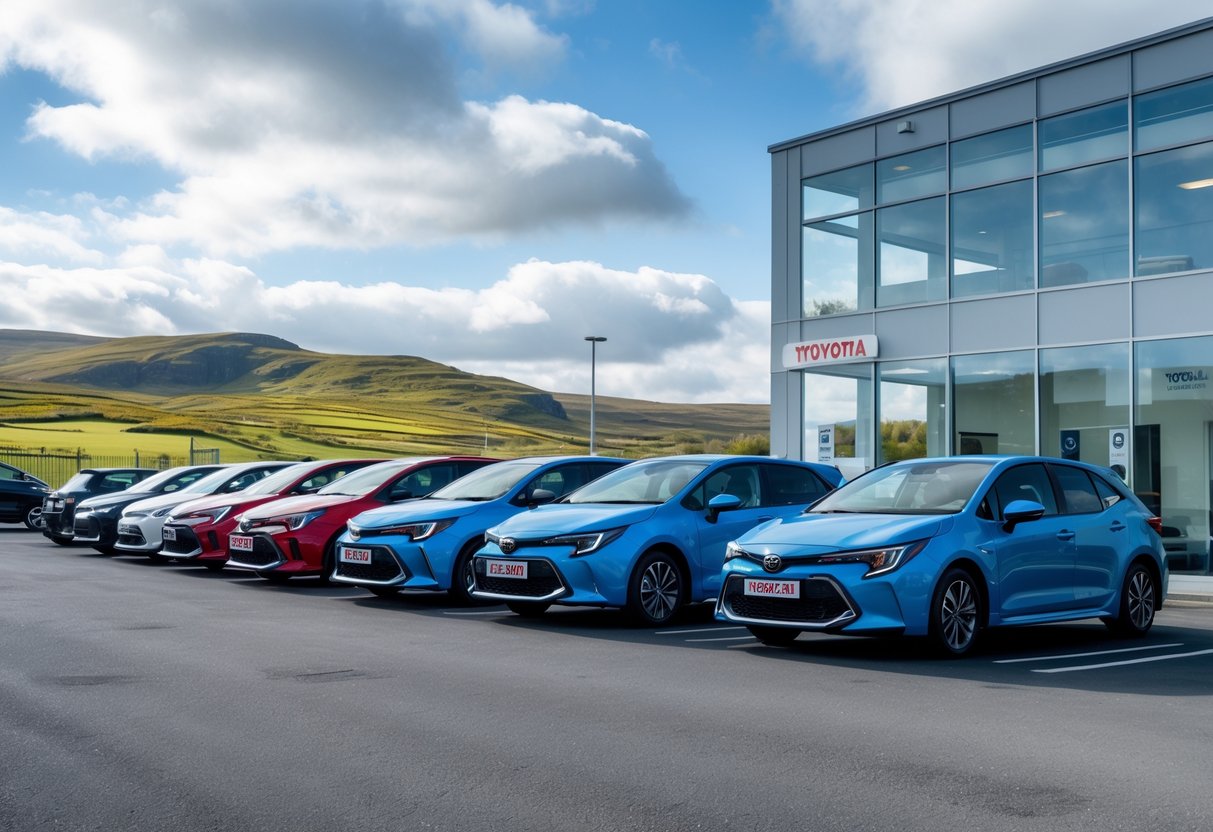 Several Toyota Corolla cars parked outside a dealership with green hills in the background.