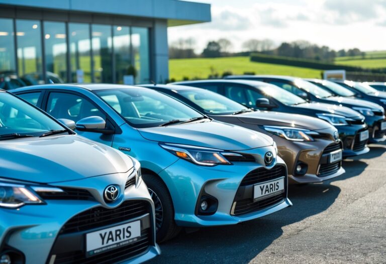 Several Toyota Yaris cars of different colours displayed outside a modern dealership on a clear day.