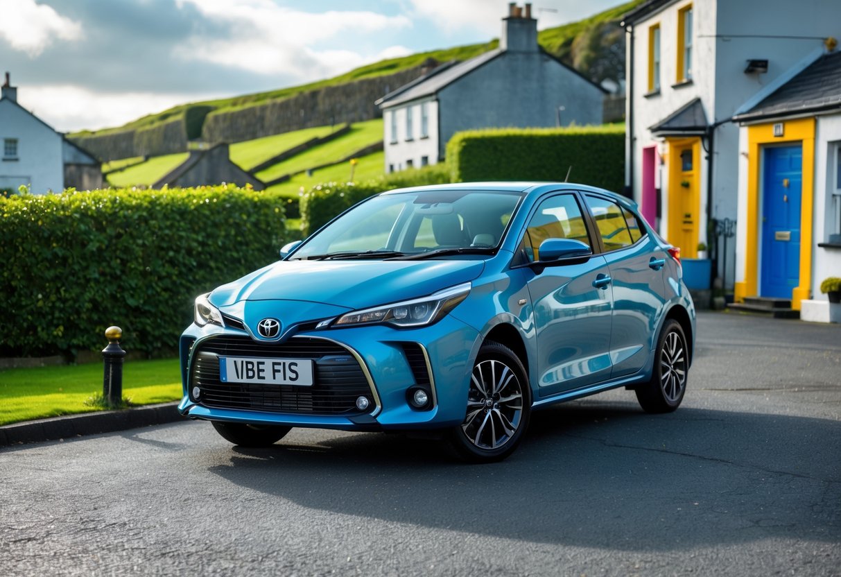 A Toyota Yaris parked on a street in Ireland with green hedgerows and traditional houses in the background.