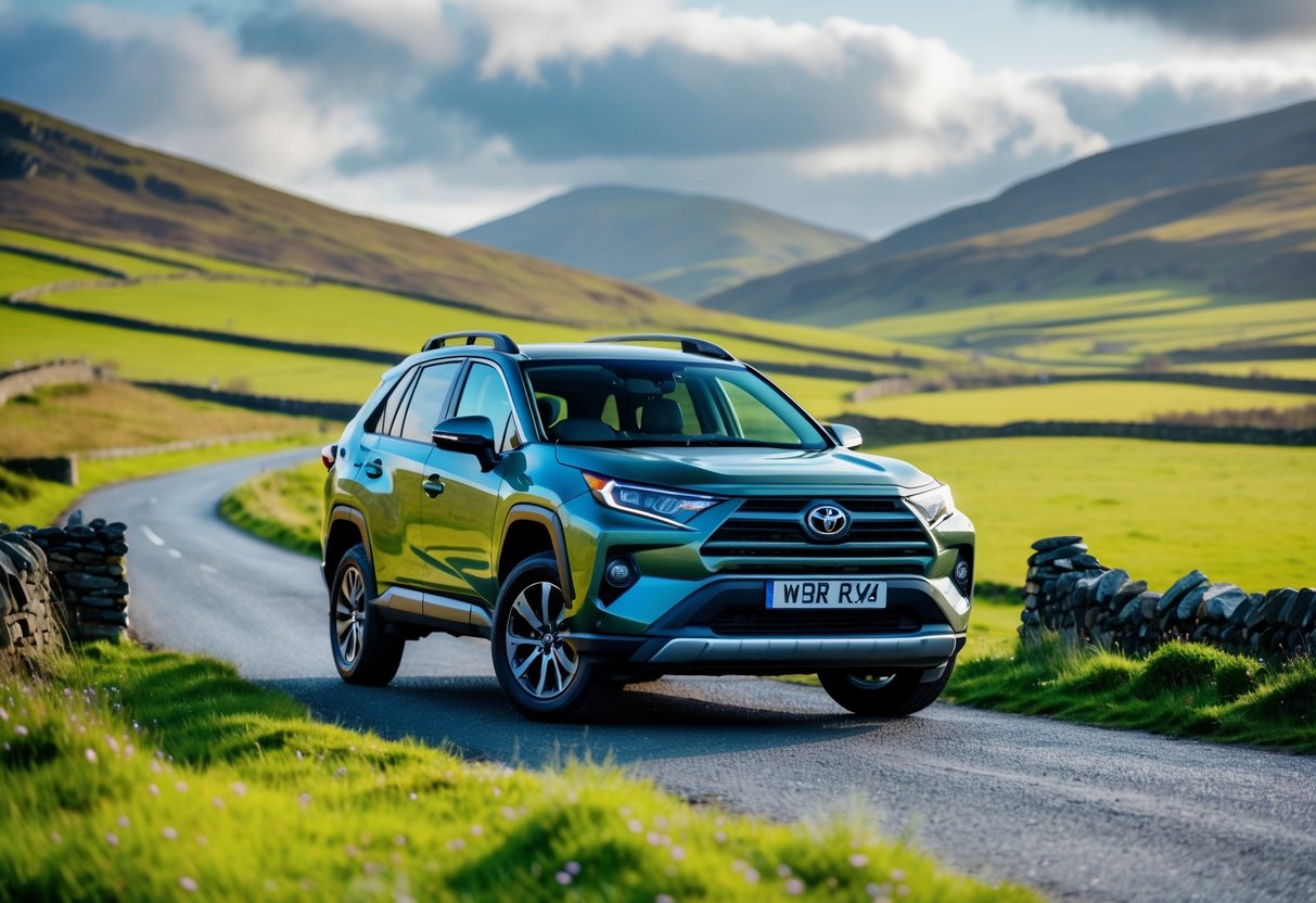 A Toyota RAV4 parked on a rural road with green hills and stone walls in the Northern Ireland countryside under a partly cloudy sky.