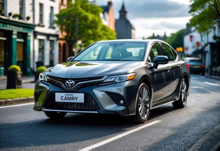 A Toyota Camry parked on a street in Ireland with historic buildings and green landscape in the background.