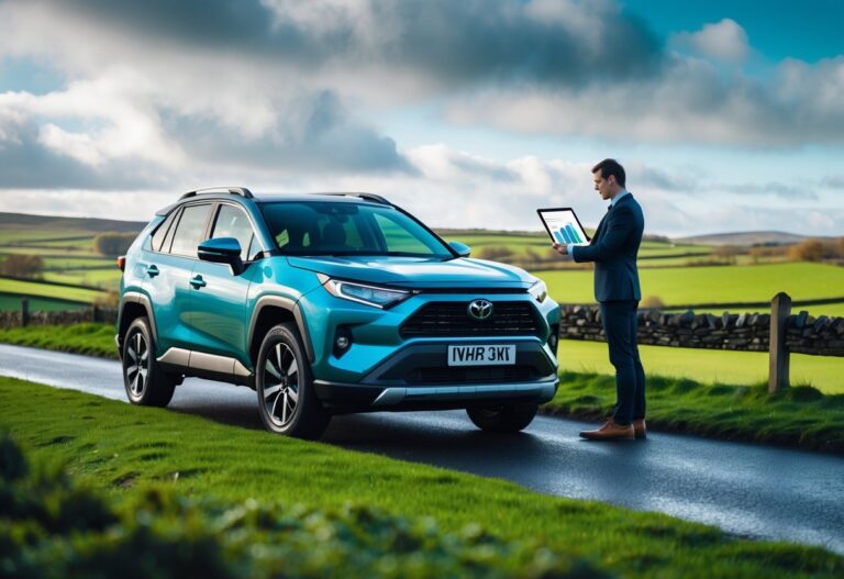 Toyota RAV4 parked on a countryside road in Ireland with a person looking at a tablet nearby.