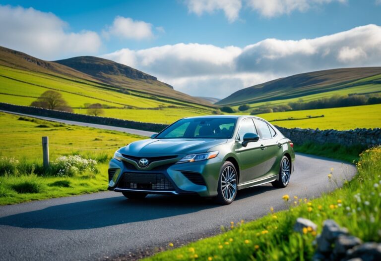 A Toyota Camry parked on a country road with green hills and stone walls in Northern Ireland.