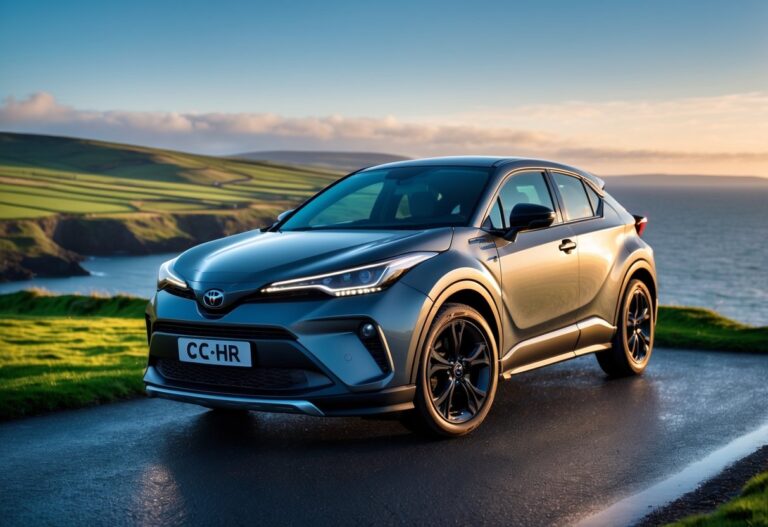 A Toyota C-HR parked on a coastal road with green hills and blue sky in the background.