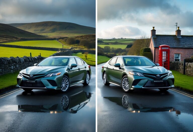 Two Toyota Camry cars parked side by side on a road with Irish countryside on one side and British village scenery on the other.