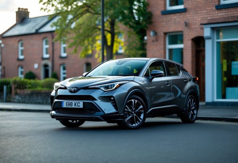 A Toyota C-HR parked on a street with buildings and trees in the background.