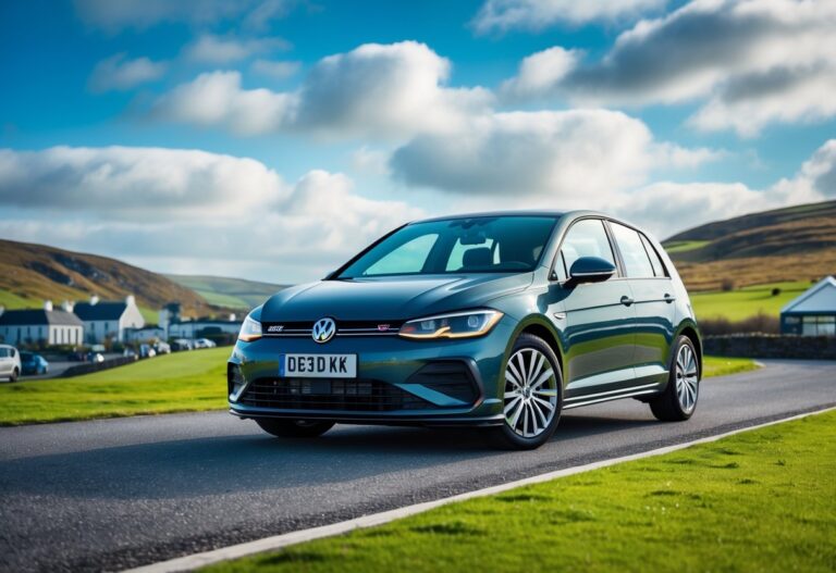 A Volkswagen Golf parked on a road with green hills and a small town in the background in Northern Ireland.