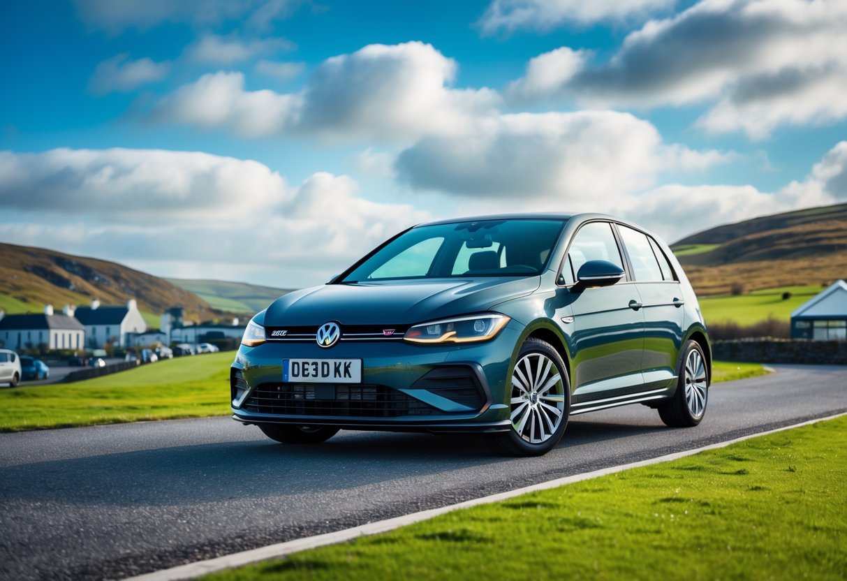 A Volkswagen Golf parked on a road with green hills and a small town in the background in Northern Ireland.