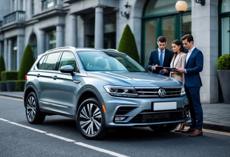 A Volkswagen Tiguan parked outdoors with a financial advisor and a couple looking at documents beside the car.