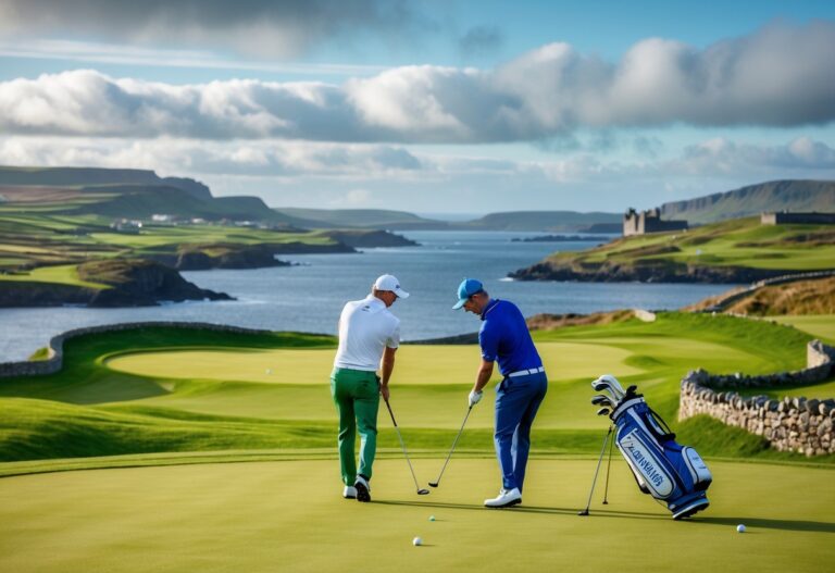 Two golfers playing on a green golf course with rolling hills, stone walls, and a castle in the background under a partly cloudy sky.