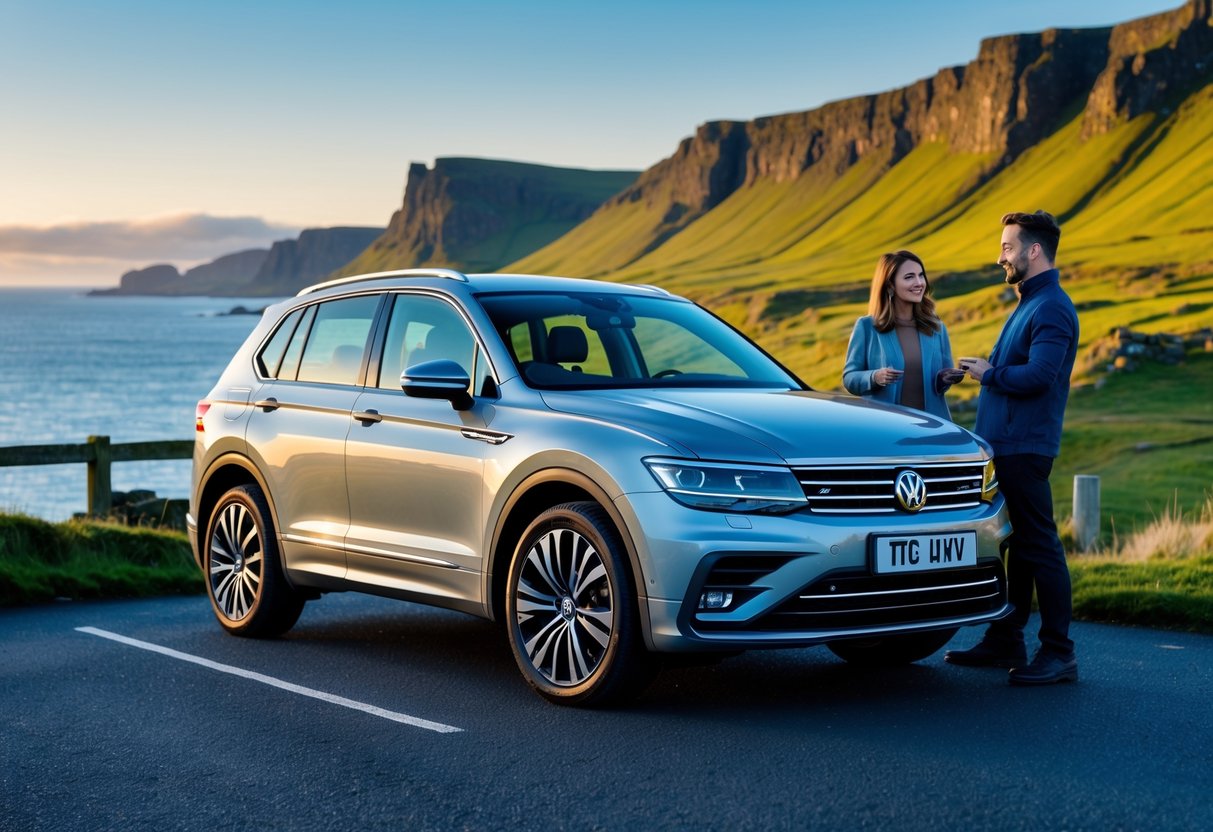 A Volkswagen Tiguan parked on a coastal road in Northern Ireland with green hills and cliffs in the background, and a couple standing beside the car looking at it.