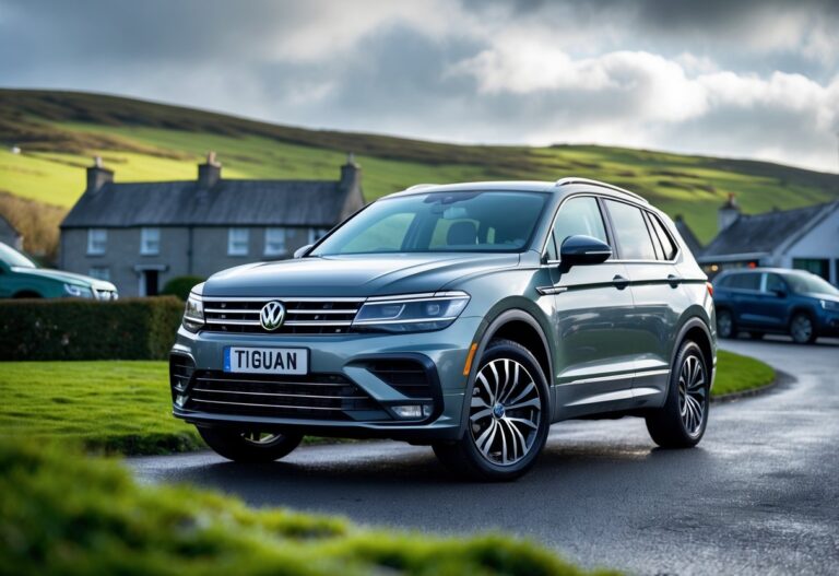 A Volkswagen Tiguan parked on a street with green hills and stone cottages in the background.