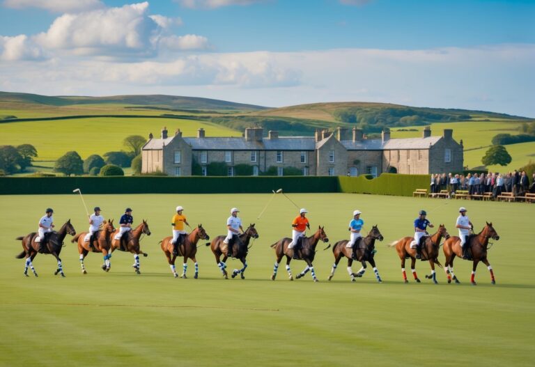 Polo players on horseback competing on a green field with a historic stone house and rolling hills in the background, watched by a small crowd.