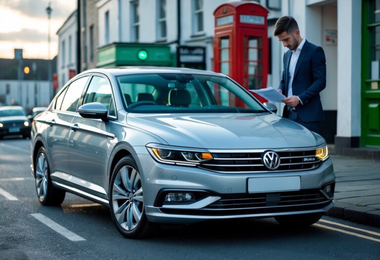Volkswagen Passat parked on a city street in Ireland with a person reviewing documents nearby.