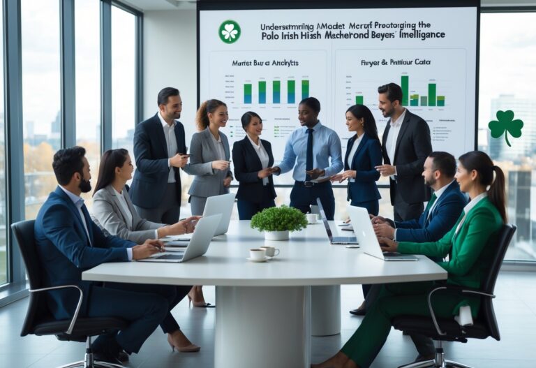 A group of business professionals in a meeting room discussing market data on a large screen, with laptops and documents on the table.