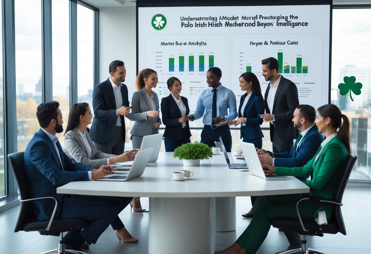 A group of business professionals in a meeting room discussing market data on a large screen, with laptops and documents on the table.