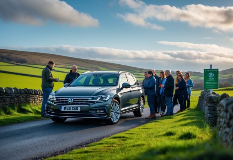 A Volkswagen Passat parked on a countryside road in Ireland with green hills and stone walls, surrounded by people interacting near the car.