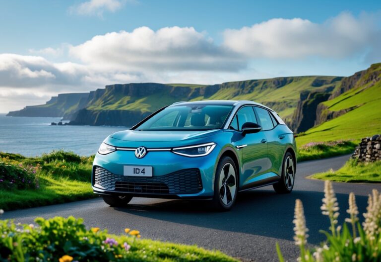 A Volkswagen ID.4 electric car parked on a coastal road in Ireland with green hills and ocean in the background.