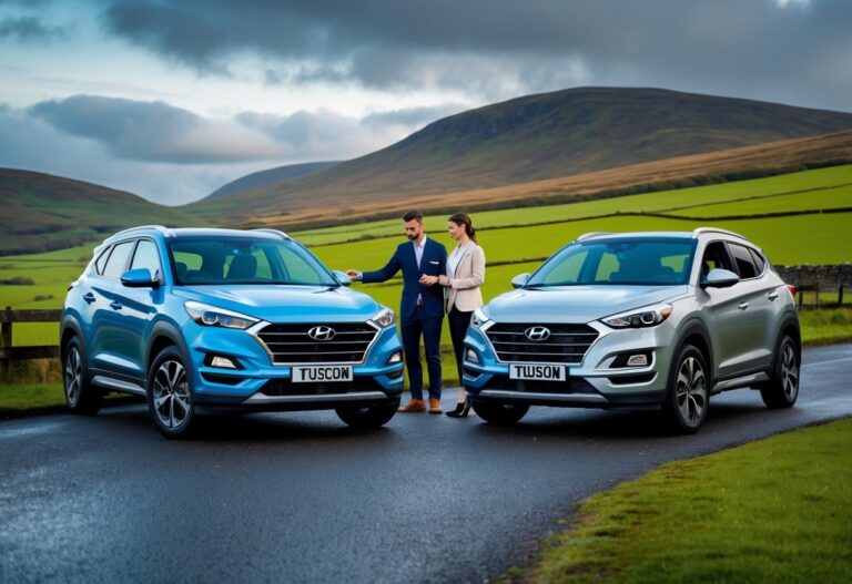 A couple compares two Hyundai Tucson cars, one new and one used, parked on a road with green hills in Northern Ireland.