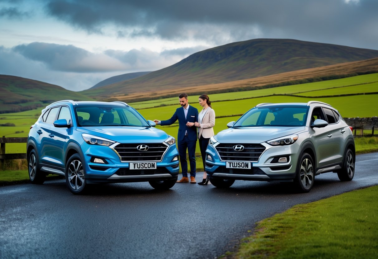 A couple compares two Hyundai Tucson cars, one new and one used, parked on a road with green hills in Northern Ireland.