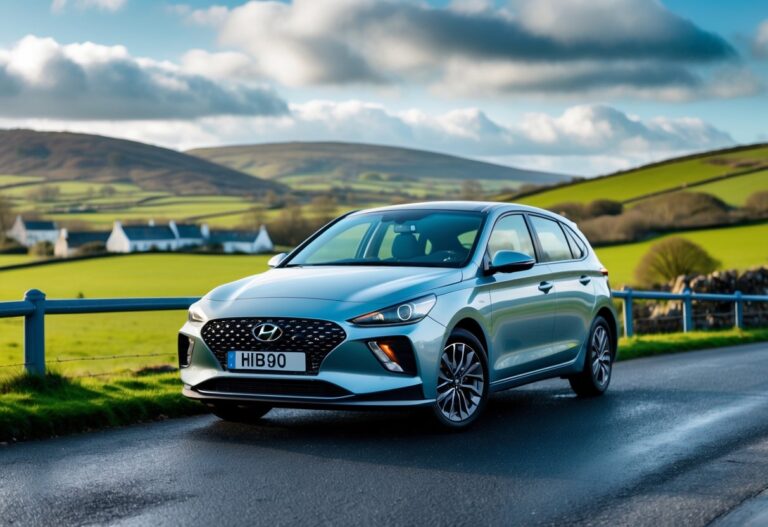 A Hyundai i30 parked on a roadside with green hills and a small Irish village in the background.