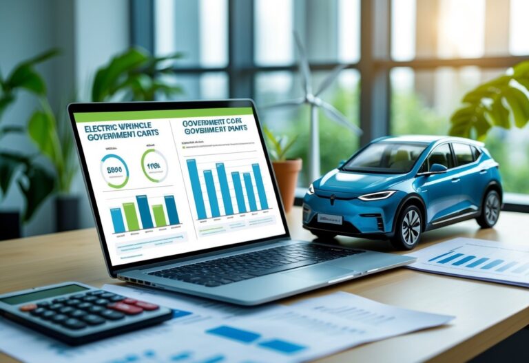 A modern office desk with a laptop showing charts, documents, a calculator, and models of an electric car and renewable energy devices.
