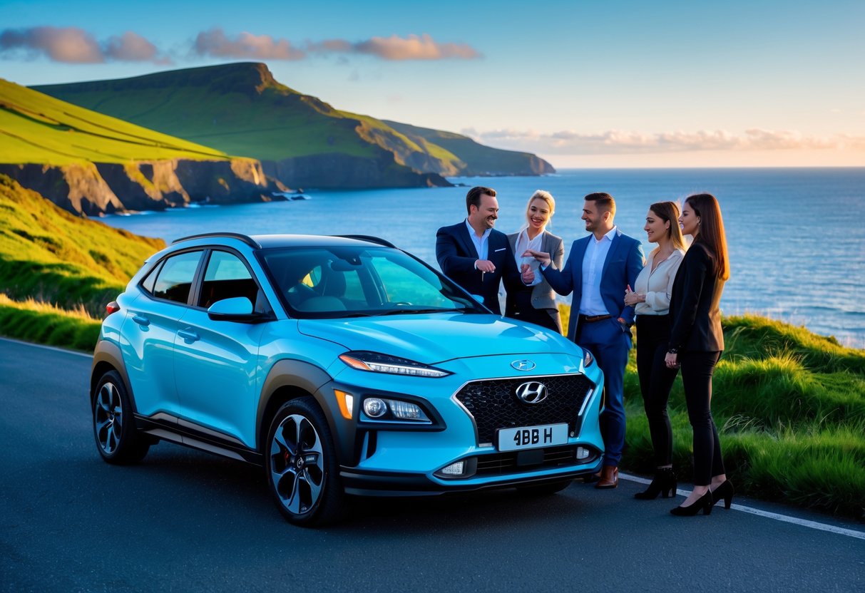 A Hyundai Kona parked on a coastal road in Ireland with green hills and sea in the background, and people standing beside the car discussing.