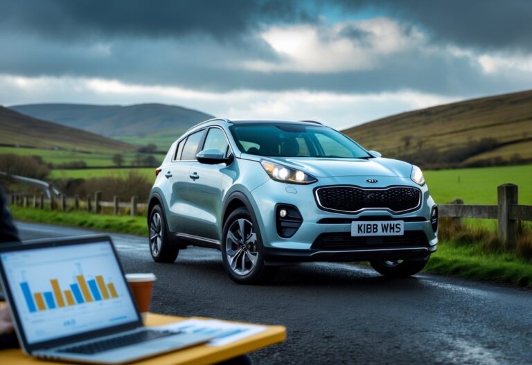 A Kia Sportage parked on a countryside road in Northern Ireland with green hills in the background and a person reviewing documents nearby.