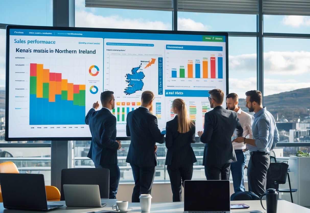 Business professionals discussing sales data around a digital screen showing charts and a map of Northern Ireland in a modern office.