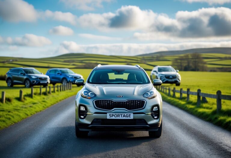 A Kia Sportage parked on a countryside road in Ireland with two other SUVs in the background and green hills under a partly cloudy sky.