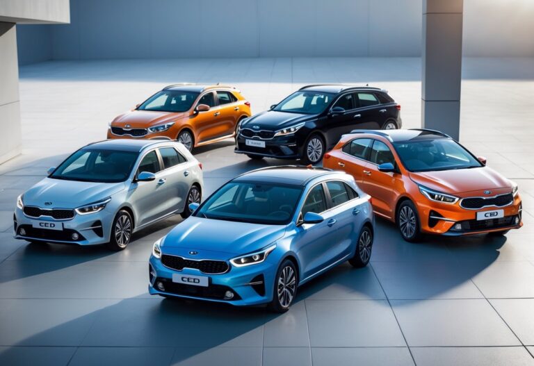 Several Kia Ceed cars from different years parked side by side outdoors, showing the design changes between generations.