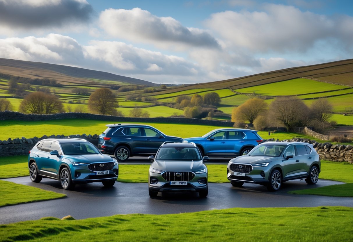 Several modern SUVs parked in a green Irish countryside with rolling hills and stone walls under a partly cloudy sky.