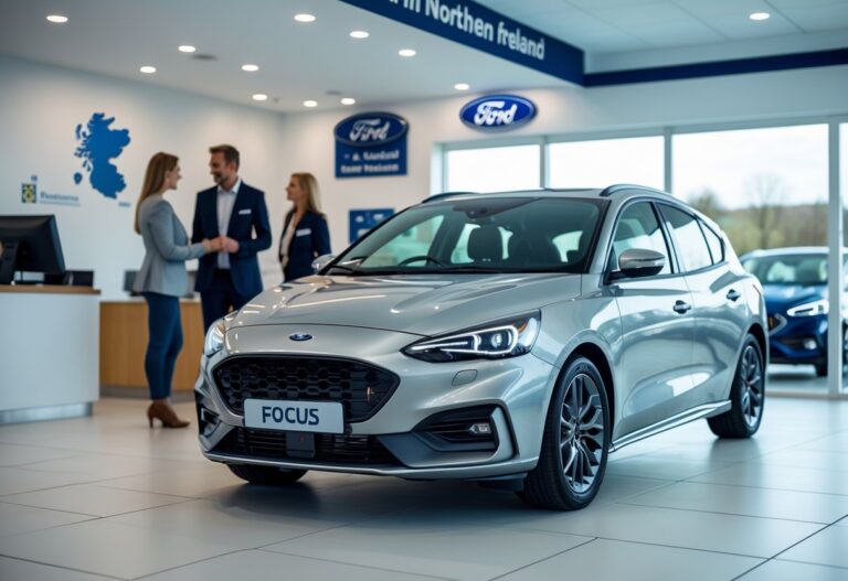 A Ford Focus displayed in a bright car showroom with a sales representative talking to a couple.