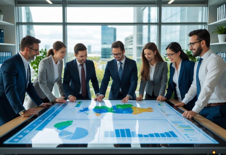 A group of business professionals working together around a digital touchscreen table displaying charts and maps related to Irish ownership data in a bright modern office.