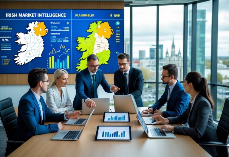 Business professionals in a modern office discussing charts and data about the Irish economy with a map of Ireland displayed on a screen.