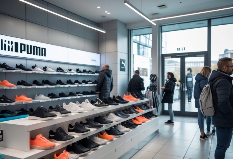 Interior of a Puma store in Northern Ireland showing Puma shoes and clothing displayed with customers browsing.