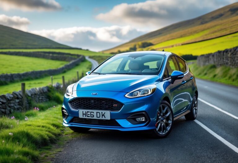A Ford Fiesta parked on a narrow rural road with green hills and stone walls in the background in Ireland.