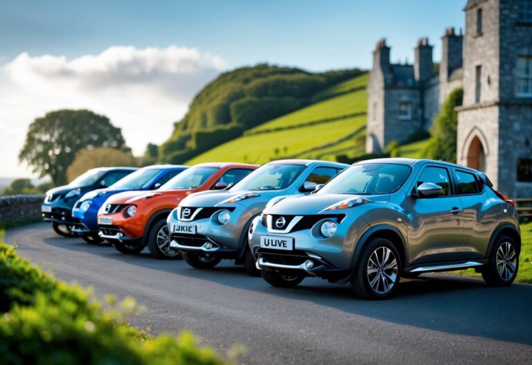 A lineup of Nissan Juke cars parked outdoors with greenery and buildings in the background.
