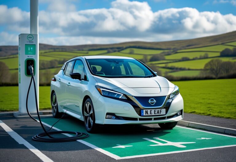 A white Nissan Leaf electric car charging at a station in the green countryside of Northern Ireland.