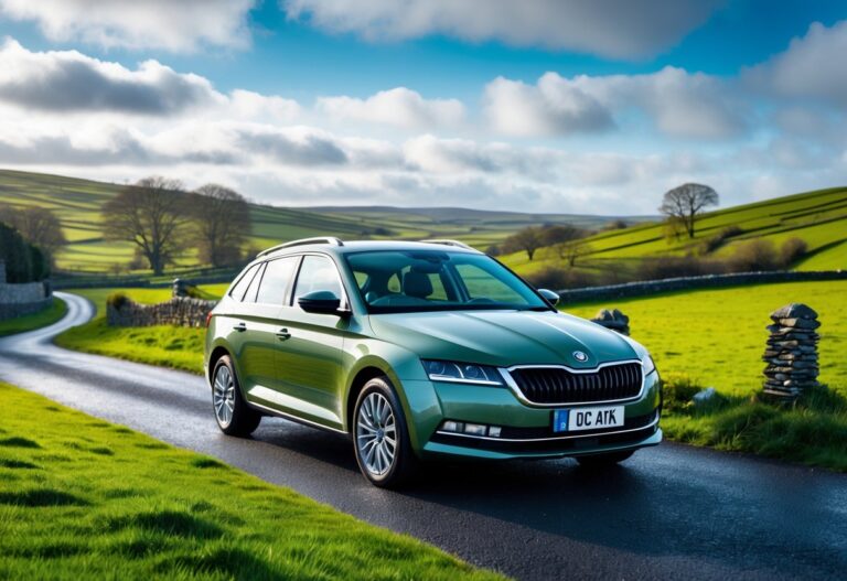 A Skoda Octavia parked on a green rural road with rolling hills and stone walls in the Irish countryside.